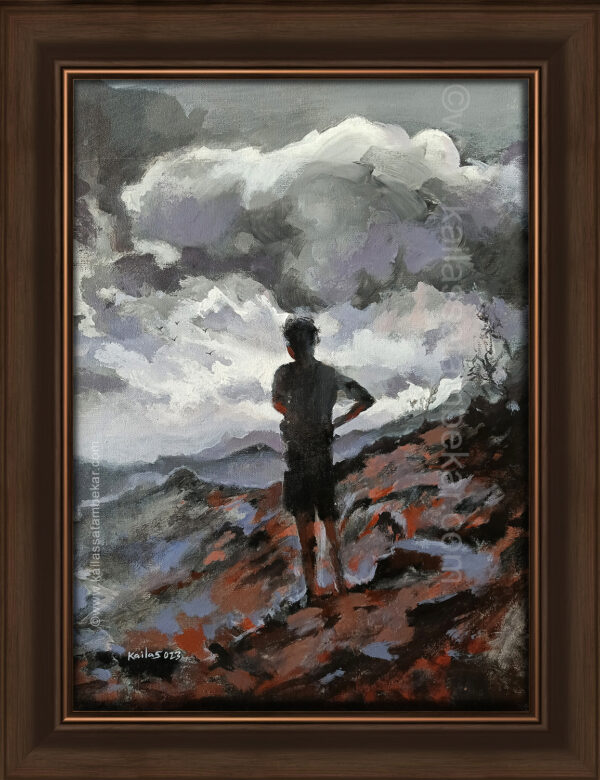 The Boy watching rainy grey figurative original painting by Kailas Satambekar