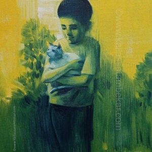 Kid with a cat figurative painting by Kailas Satambekar