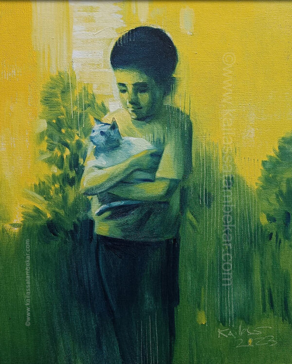 Kid with a cat figurative painting by Kailas Satambekar