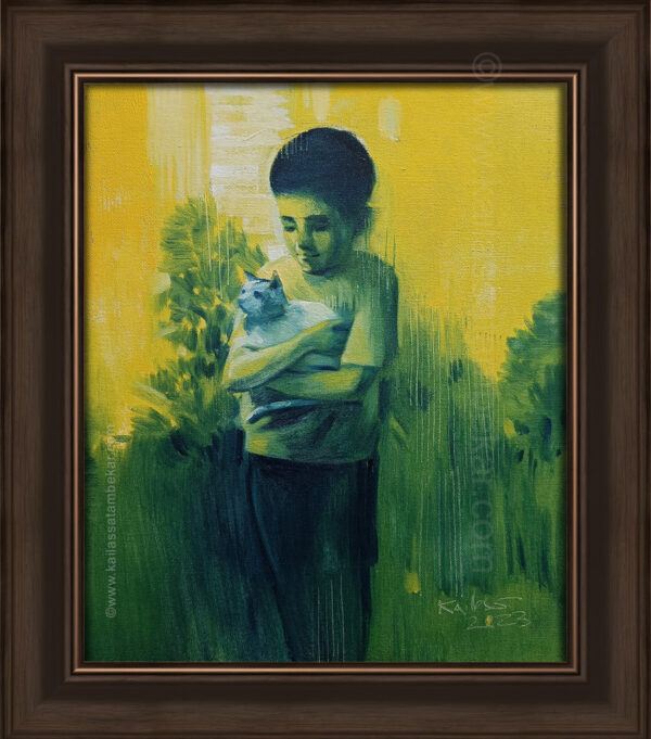 Kid with a cat figurative painting by Kailas Satambekar