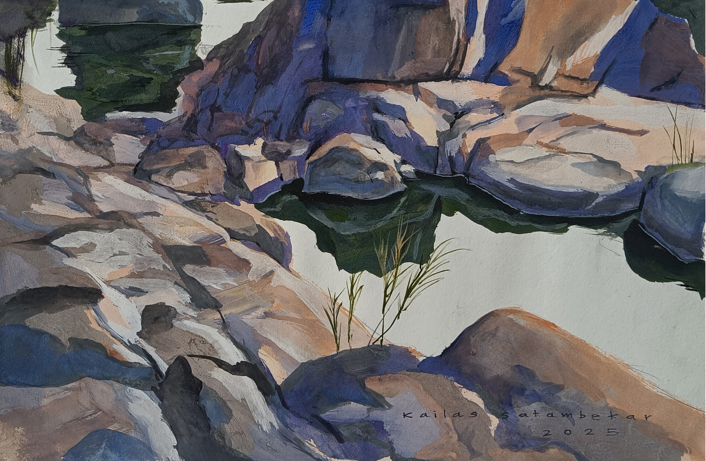 Kailas satambekar River series, River Landscapes, Gouache artworks , Brushstrokes, Fine art sale, Fine art landscape paintings, original landscape painting for collectors