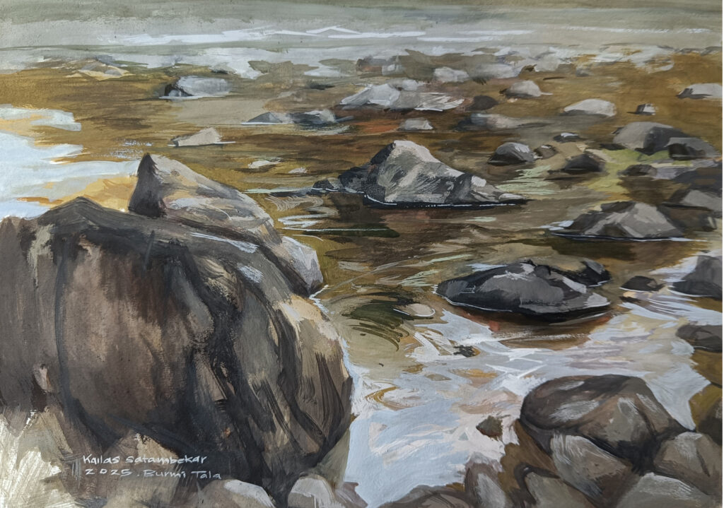 Kailas satambekar artworks, river landscape series, rever reflection, Gouache artwork, Art collectors, Indian artist