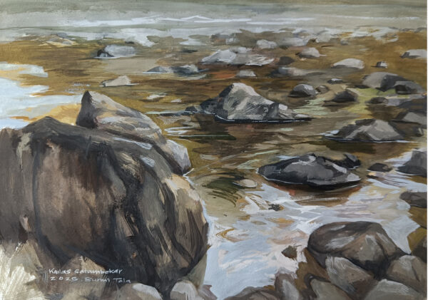 Kailas satambekar artworks, river landscape series, rever reflection, Gouache artwork, Art collectors, Indian artist