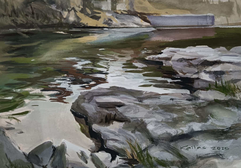 Glowing river, Gouache art, River landscape, fine art by Artist Kailas Satambekar