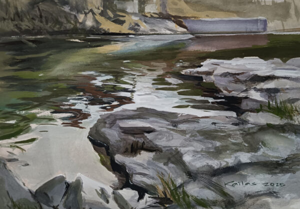Glowing river, Gouache art, River landscape, fine art by Artist Kailas Satambekar
