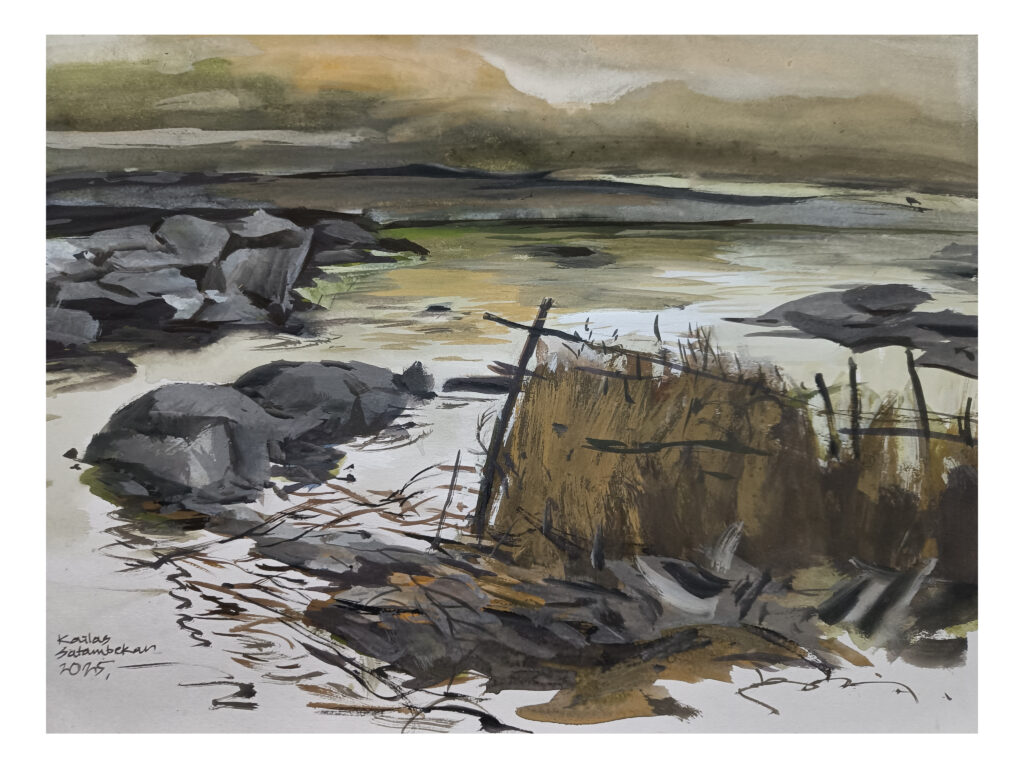 Kailas satambekar River series, River Landscapes, Gouache artworks , Brushstrokes, Fine art sale, original landscape painting for collectors