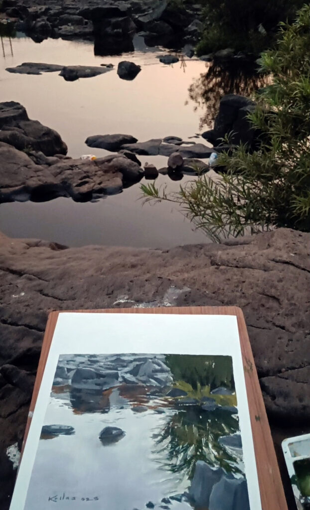 Kailas satambekar River series, River Landscapes, Gouache artworks,