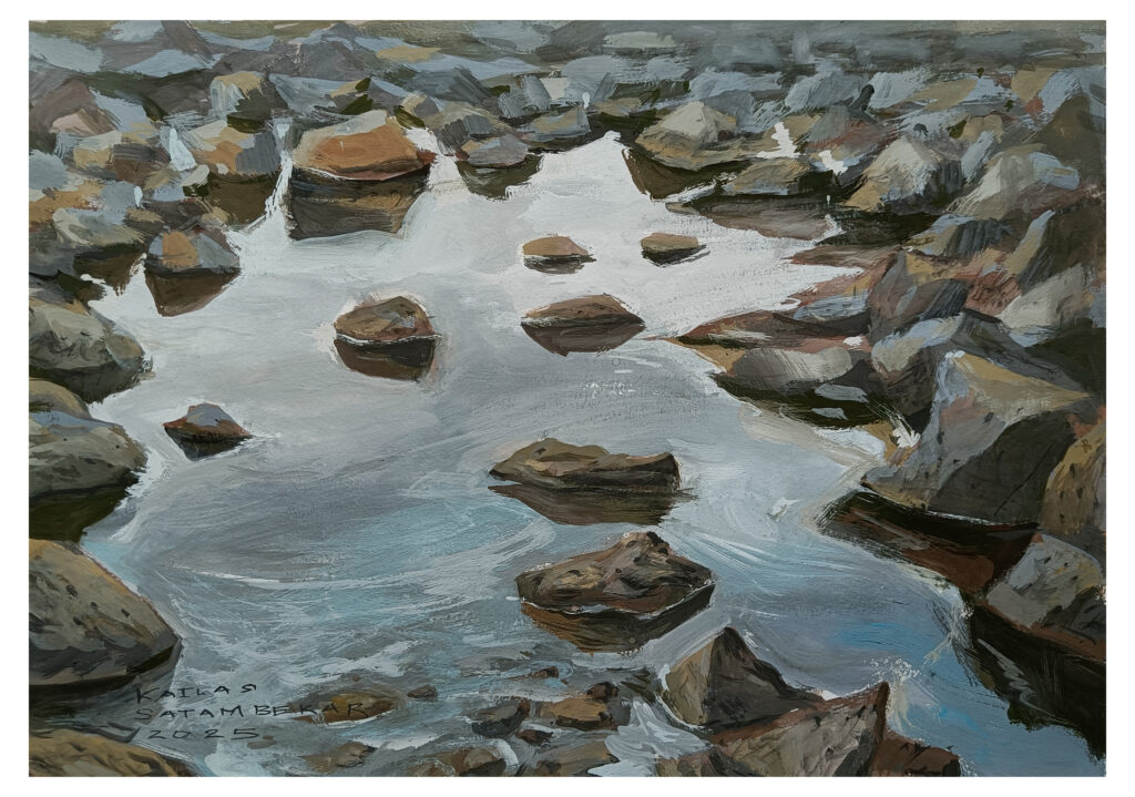 Stonebystoneartworkby KailasSatambekar, Gouache painting, River reflection, Indian artist