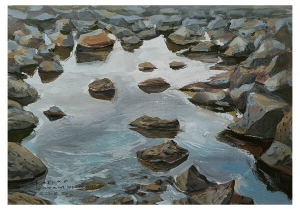 Stonebystoneartworkby KailasSatambekar, Gouache painting, River reflection, Indian artist